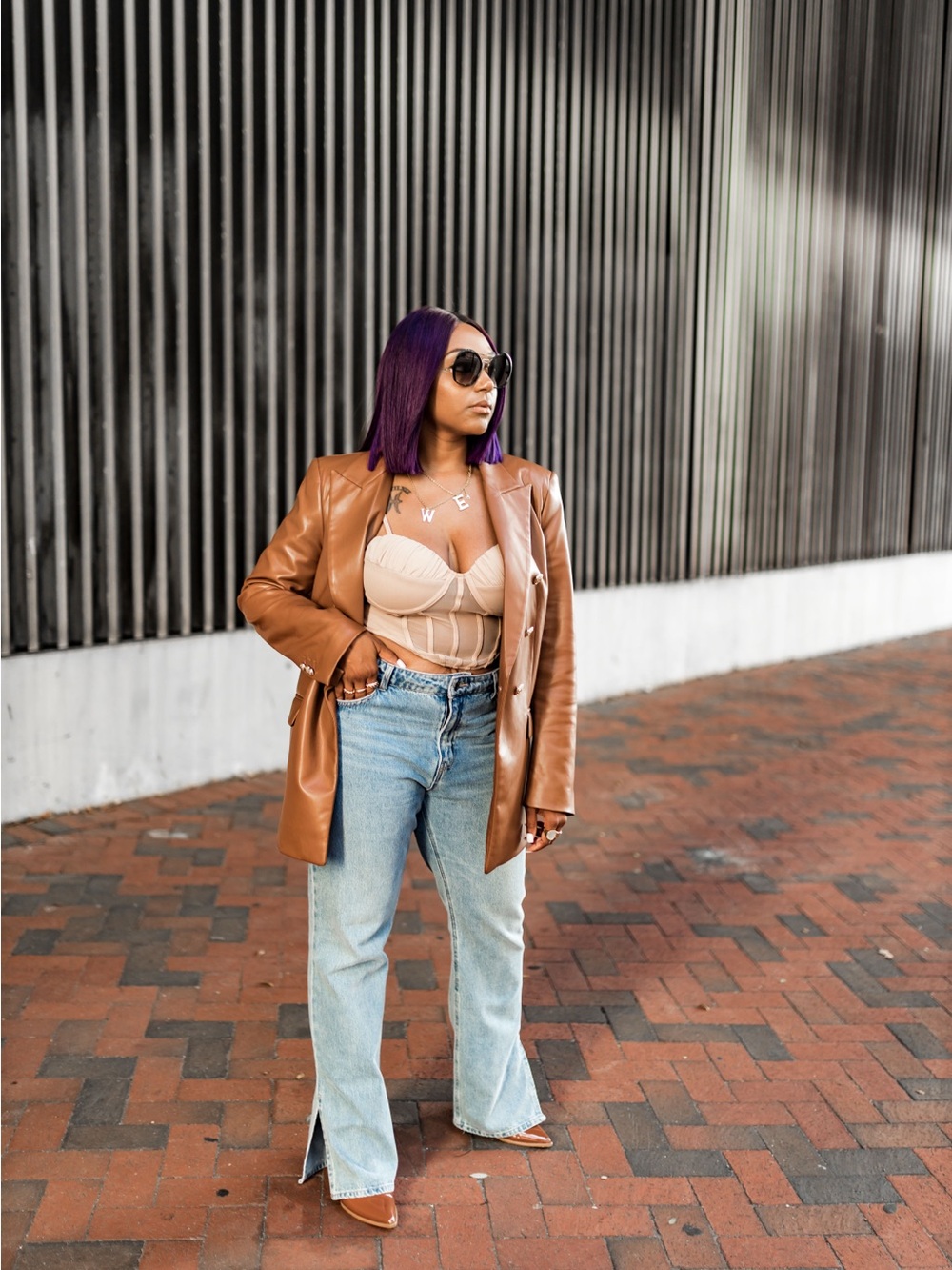 H&M Tan Leather Blazer with Light Blue Boot Cut Jeans